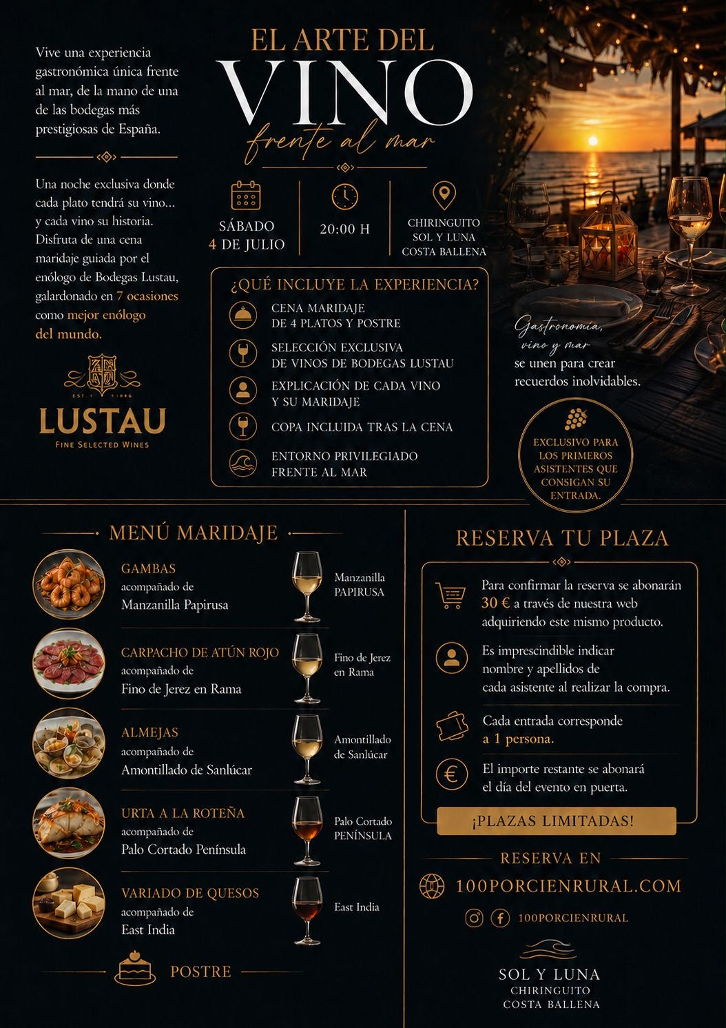 Reserva de Cena maridaje Lustau | El Arte del Vino Frente al Mar